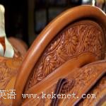 Many of Nancy Martiny's saddles are simple with the rough part of the leather exposed. Others, such as the one in this picture, sport intricate flower designs. 